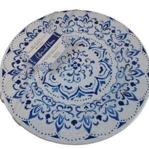 Cottonwood Home Melamine Dinner Plates White Blue Design Crackle Set of 4 NWT